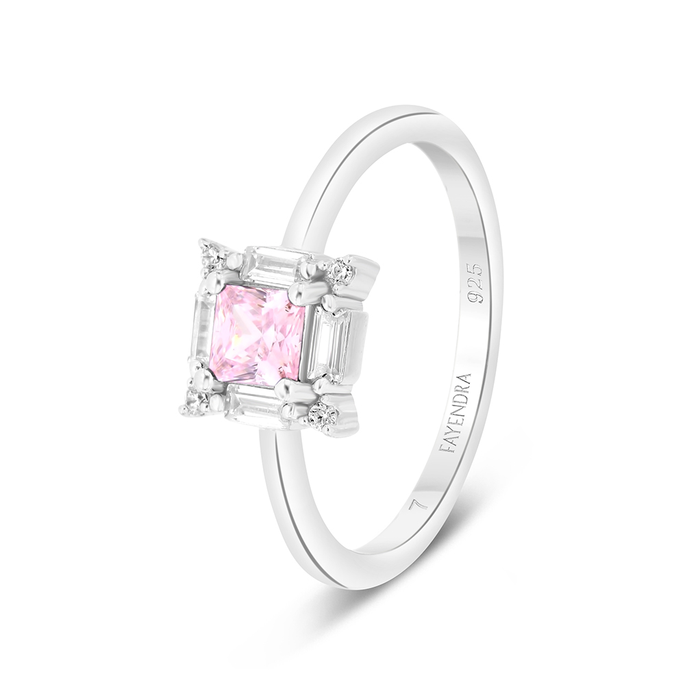 Sterling Silver 925 Ring Rhodium Plated Embedded With Pink Zircon And White CZ