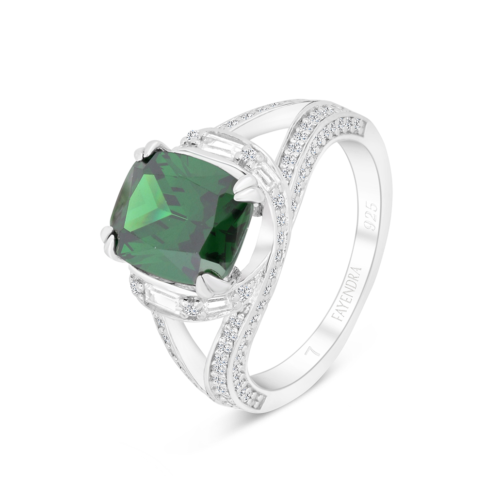 Sterling Silver 925 Ring Rhodium Plated Embedded With Emerald Zircon And White CZ