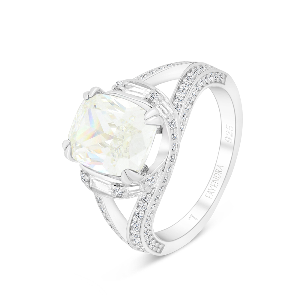 Sterling Silver 925 Ring Rhodium Plated Embedded With Yellow Zircon And White CZ