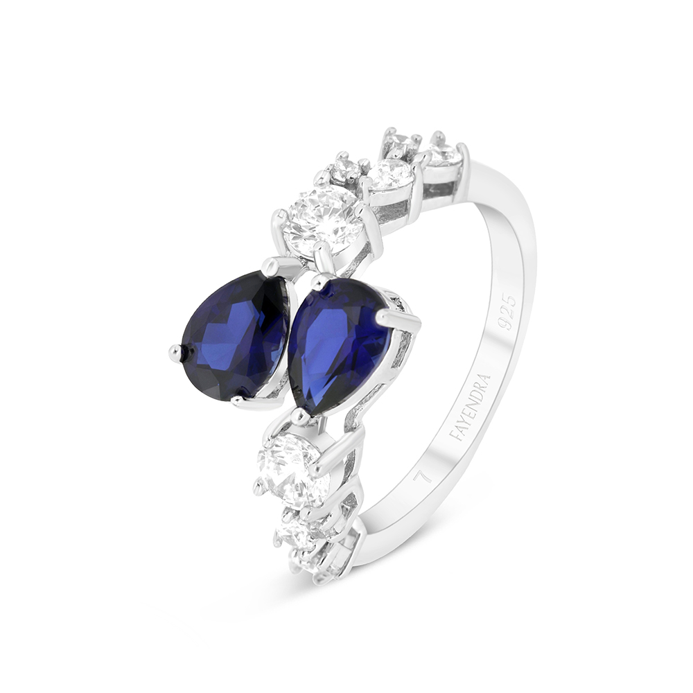 Sterling Silver 925 Ring Rhodium Plated Embedded With Sapphire Corundum And White CZ