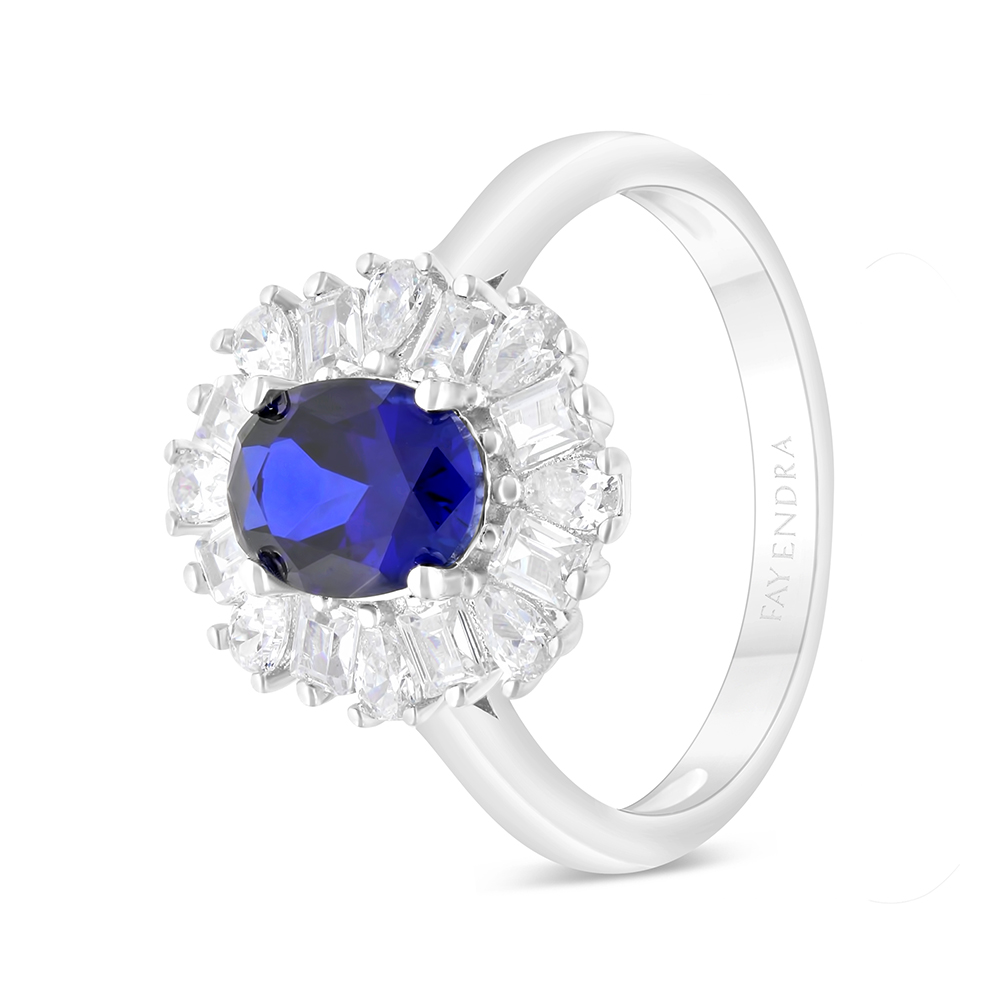 Sterling Silver 925 Ring Rhodium Plated Embedded With Sapphire CorundumAnd White CZ