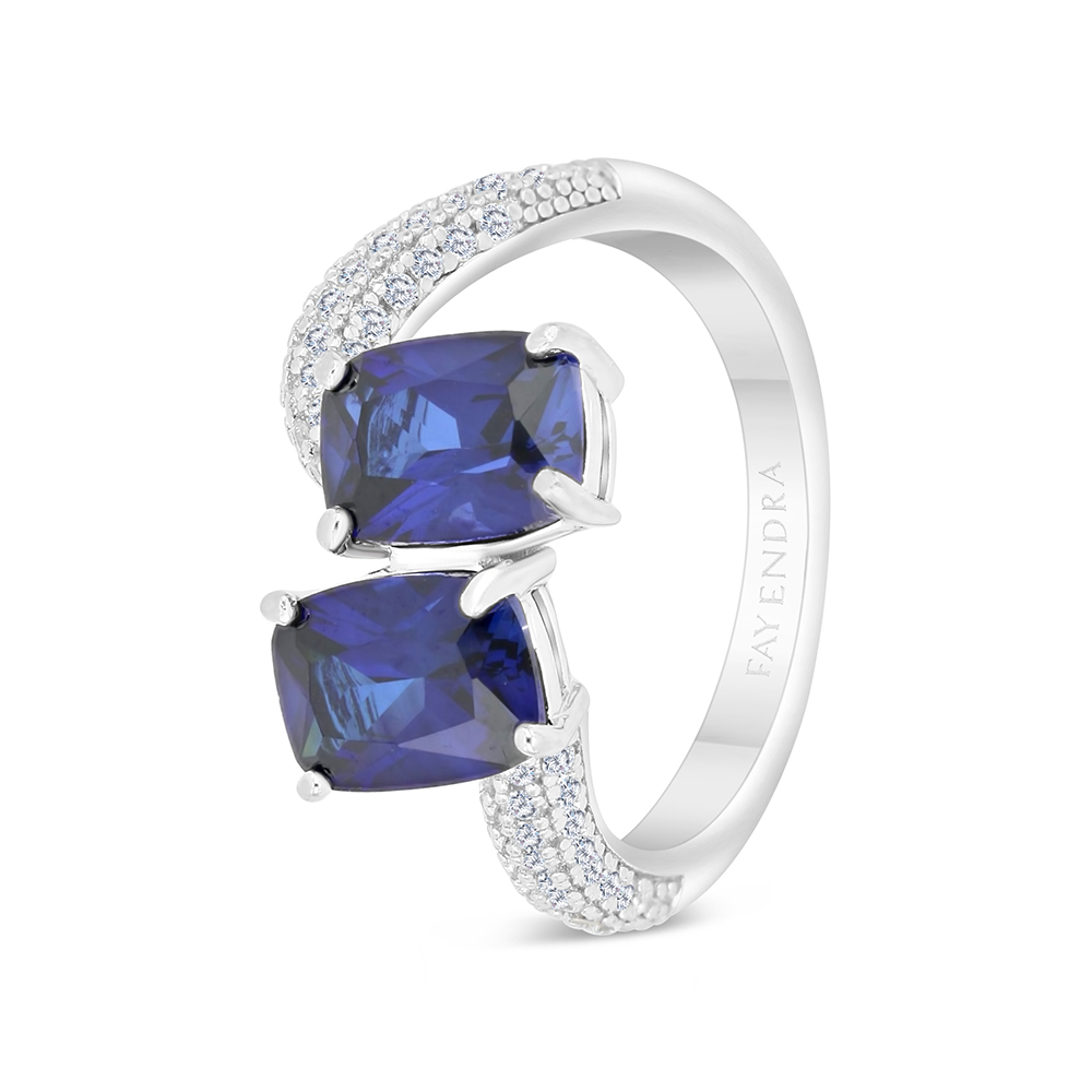 Sterling Silver 925 Ring Rhodium Plated Embedded With Sapphire Corundum And White CZ