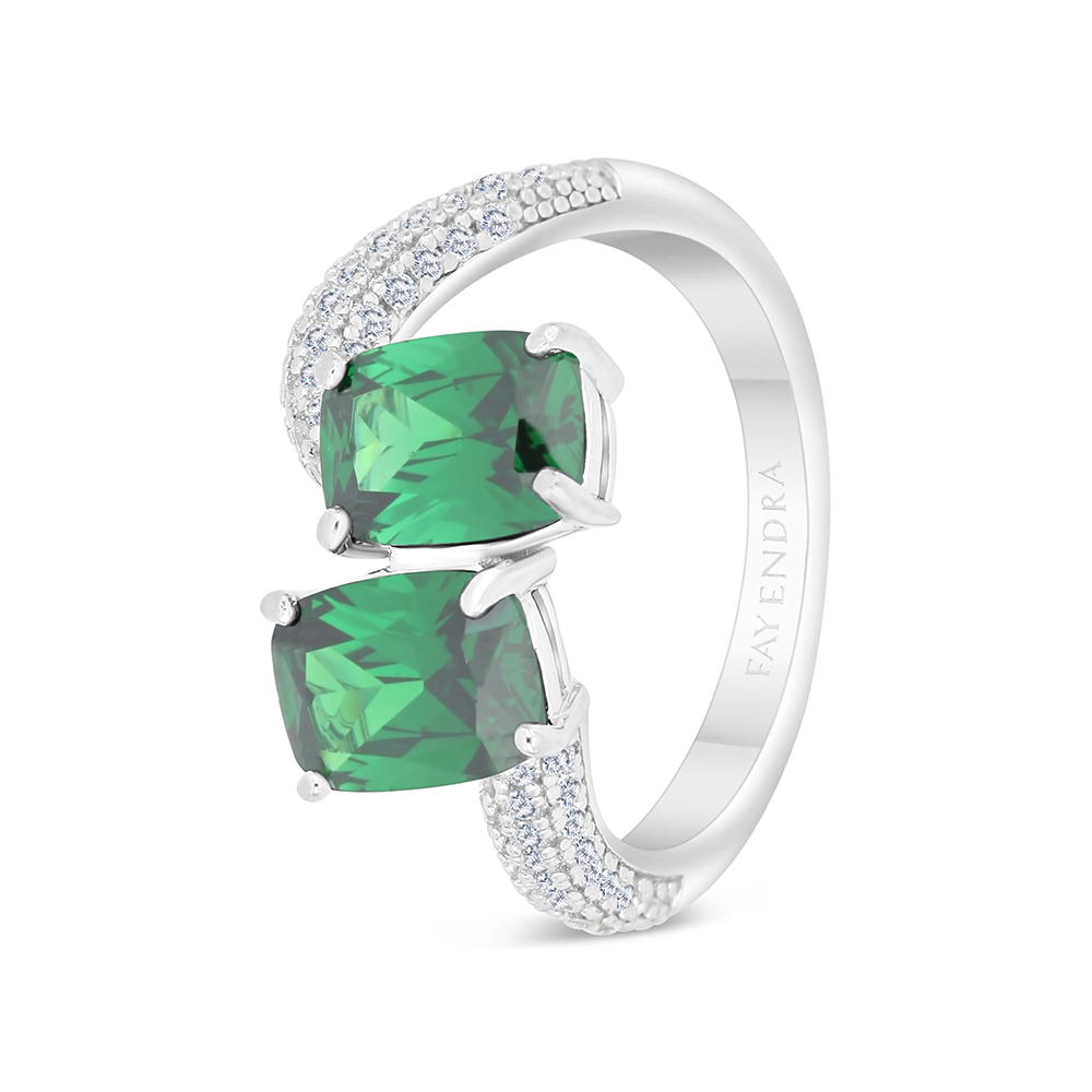 Sterling Silver 925 Ring Rhodium Plated Embedded With Emerald Zircon And White CZ