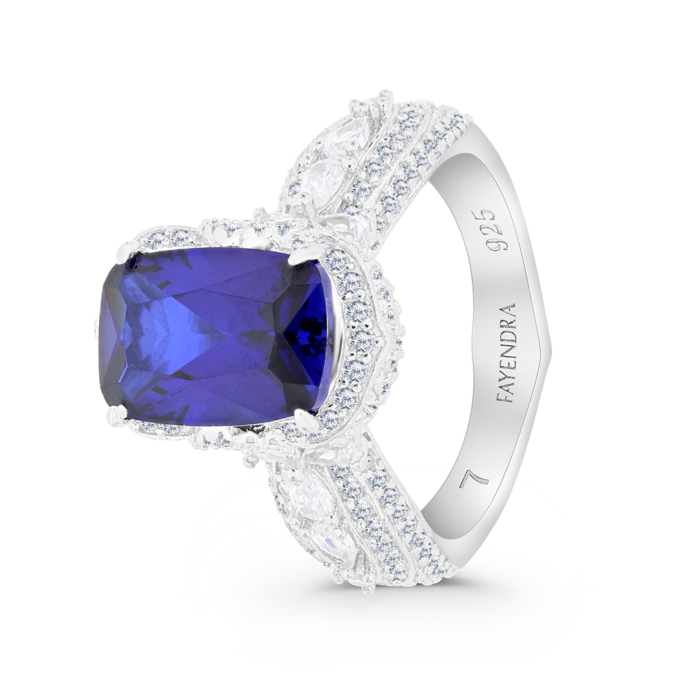 Sterling Silver 925 Ring Rhodium Plated Embedded With Sapphire CorundumAnd White CZ