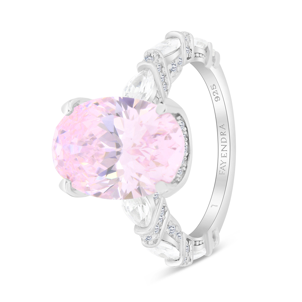 Sterling Silver 925 Ring Rhodium Plated Embedded With Pink Zircon And White CZ