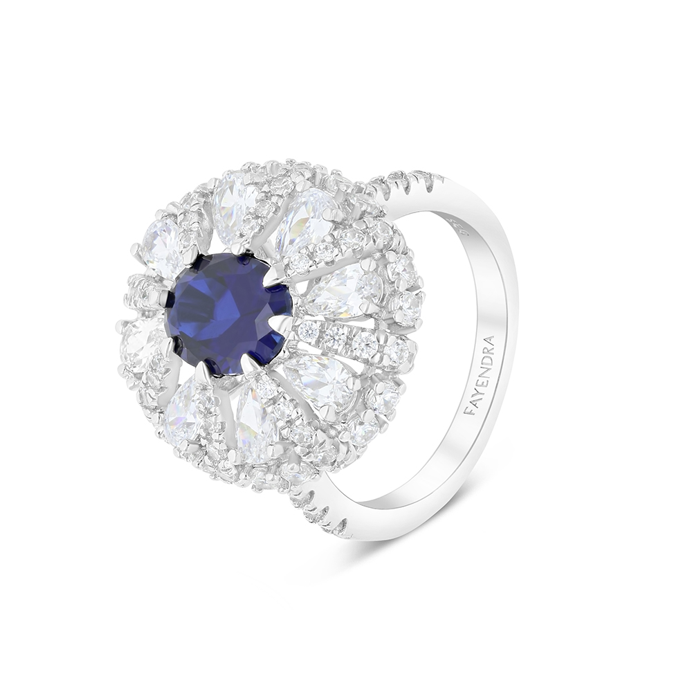 Sterling Silver 925 Ring Rhodium Plated Embedded With Sapphire CorundumAnd White CZ