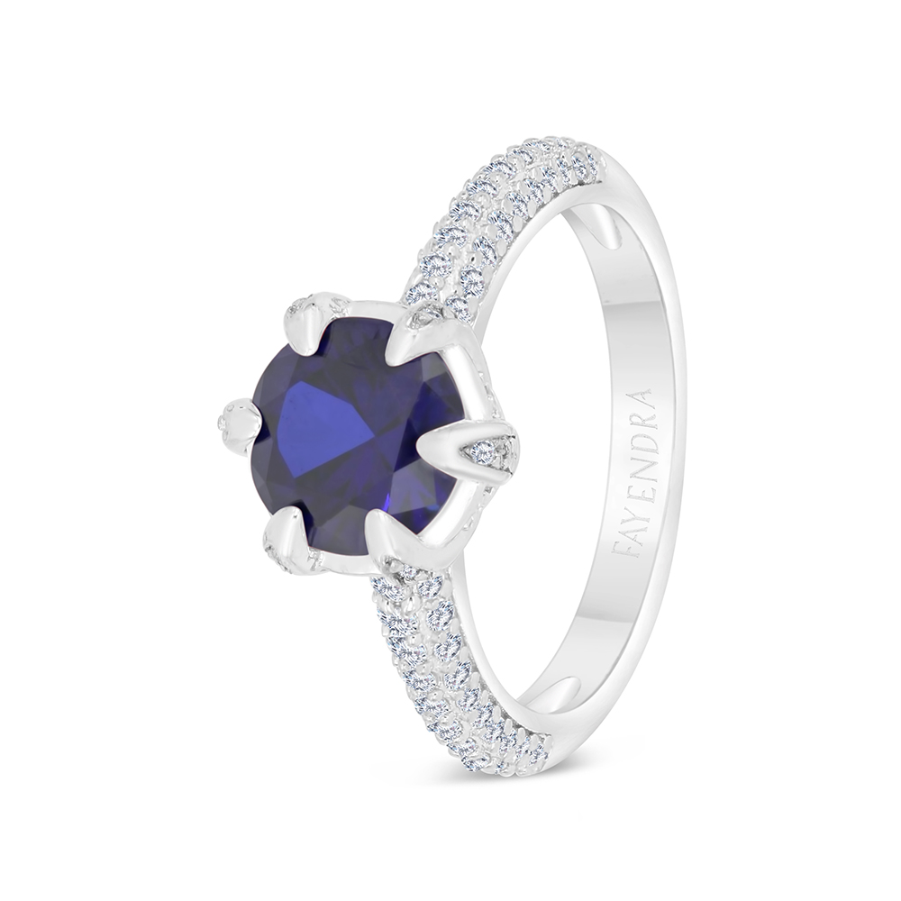 Sterling Silver 925 Ring Rhodium Plated Embedded With Sapphire Corundum And White CZ