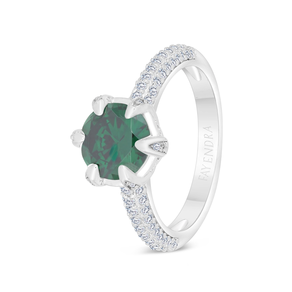 Sterling Silver 925 Ring Rhodium Plated Embedded With Emerald Zircon And White CZ