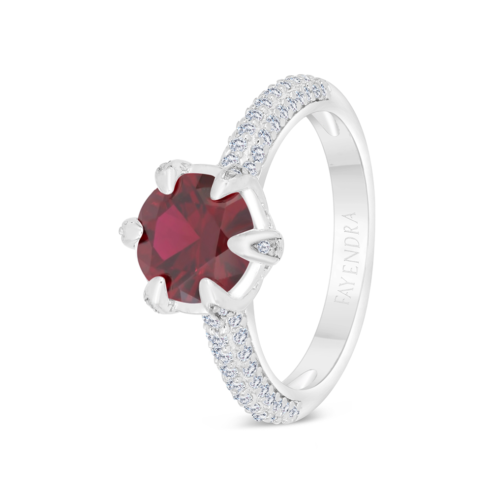 Sterling Silver 925 Ring Rhodium Plated Embedded With Ruby Corundum And White CZ