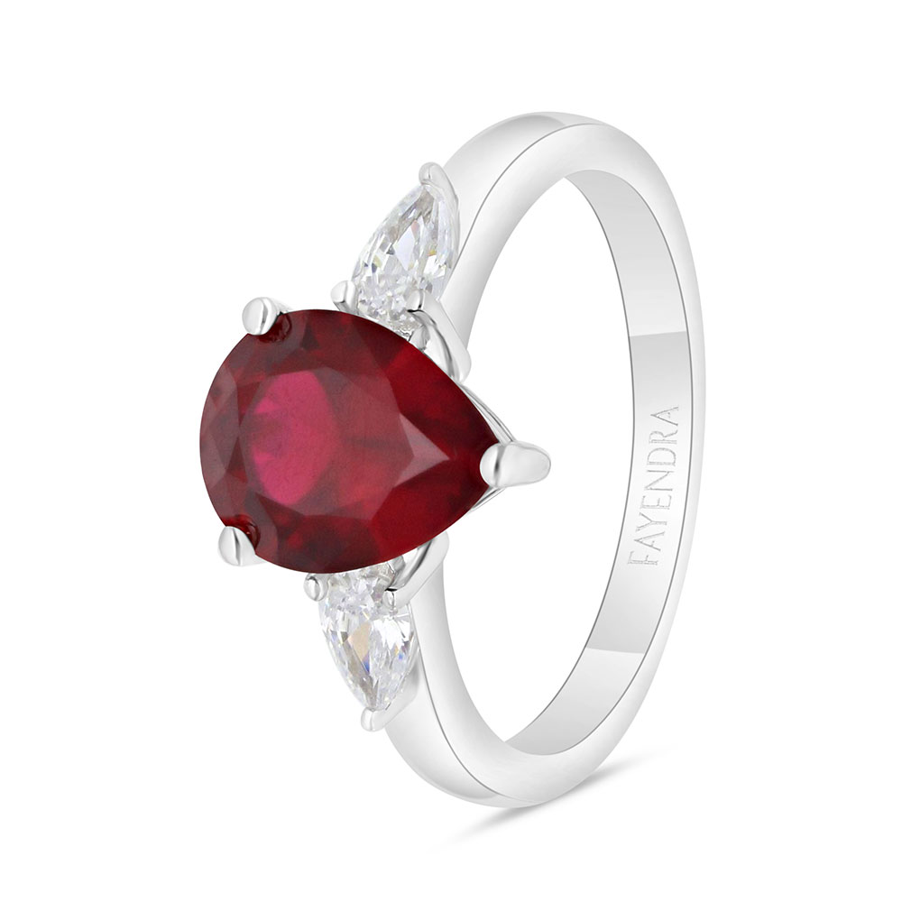 Sterling Silver 925 Ring Rhodium Plated Embedded With Ruby Corundum And White CZ