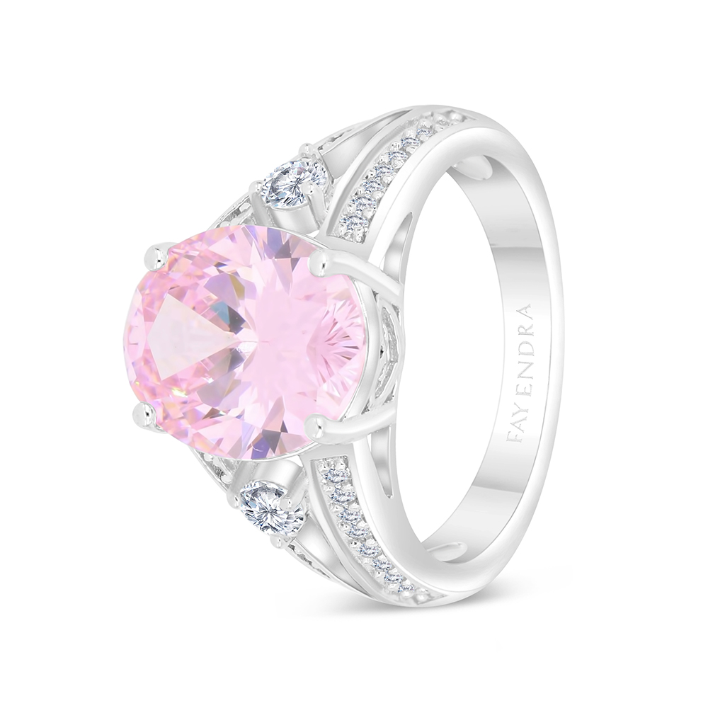 Sterling Silver 925 Ring Rhodium Plated Embedded With Pink Zircon And White CZ