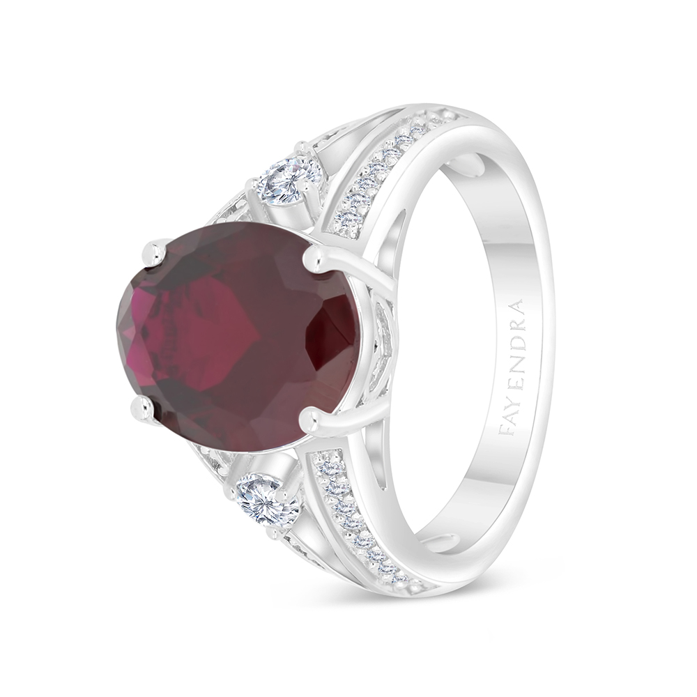 Sterling Silver 925 Ring Rhodium Plated Embedded With Ruby Corundum And White CZ