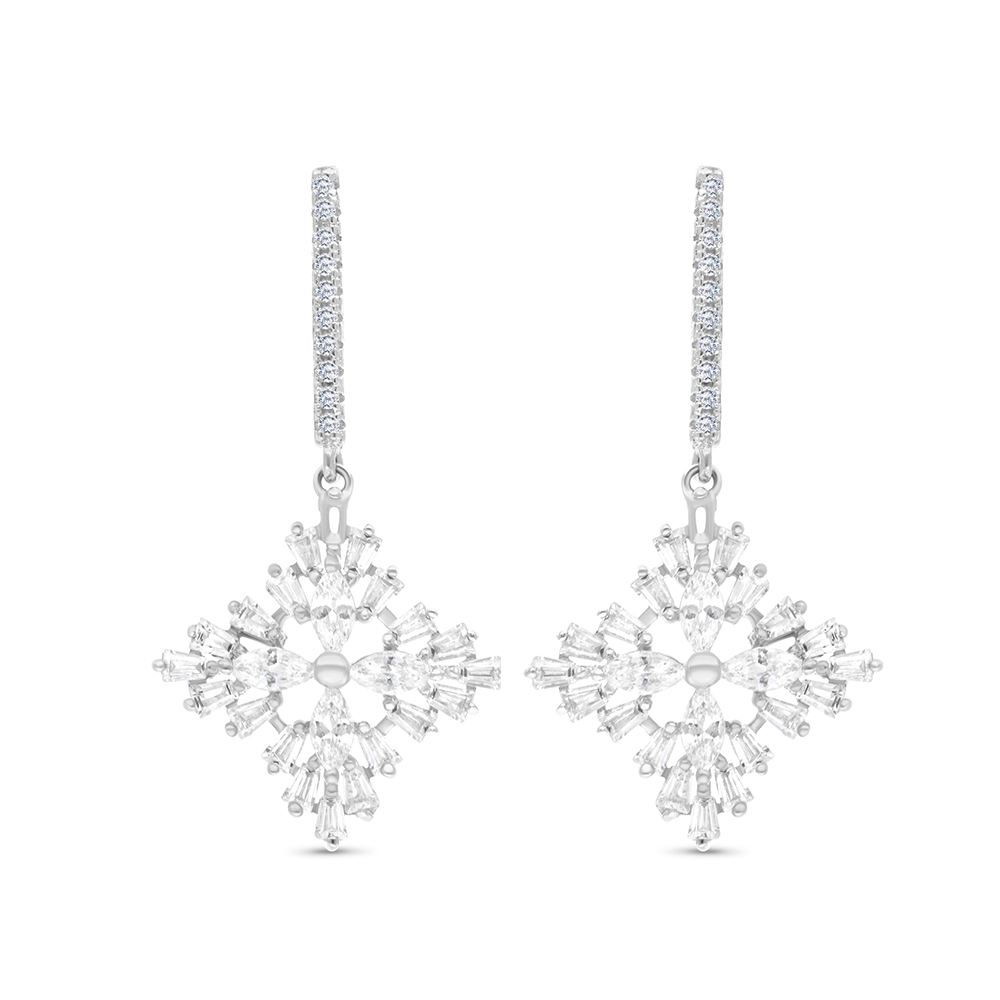 Sterling Silver 925 Earring Rhodium Plated Embedded With White CZ