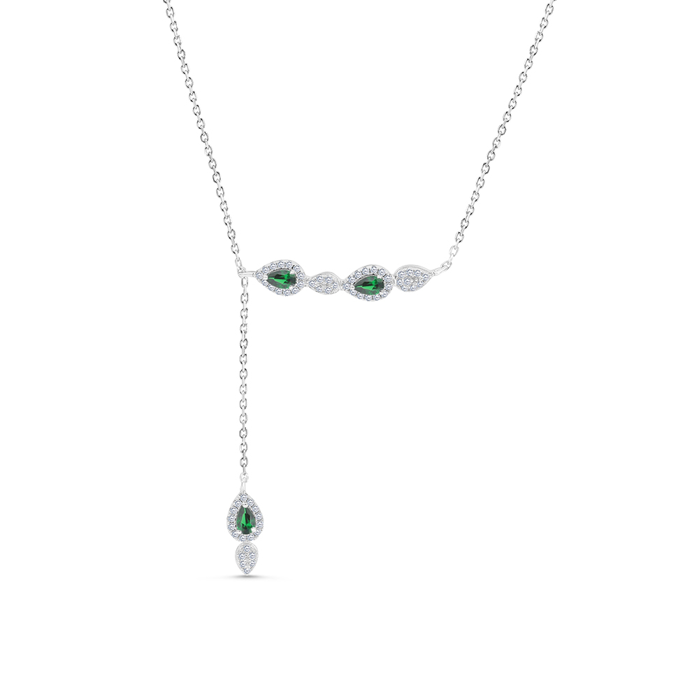 Sterling Silver 925 Necklace Rhodium Plated Embedded With Emerald Zircon And White CZ