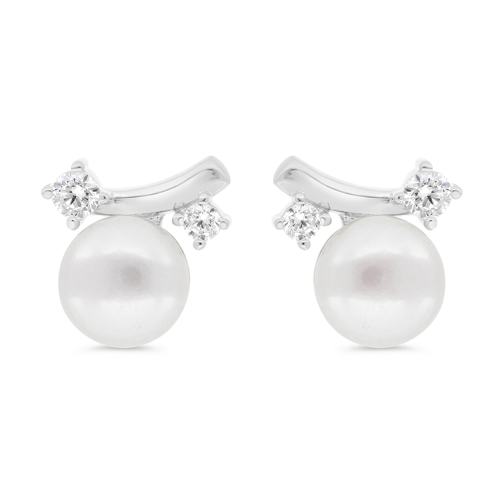 Sterling Silver 925 Earring Rhodium Plated Embedded With Natural White Pearl And White Zircon