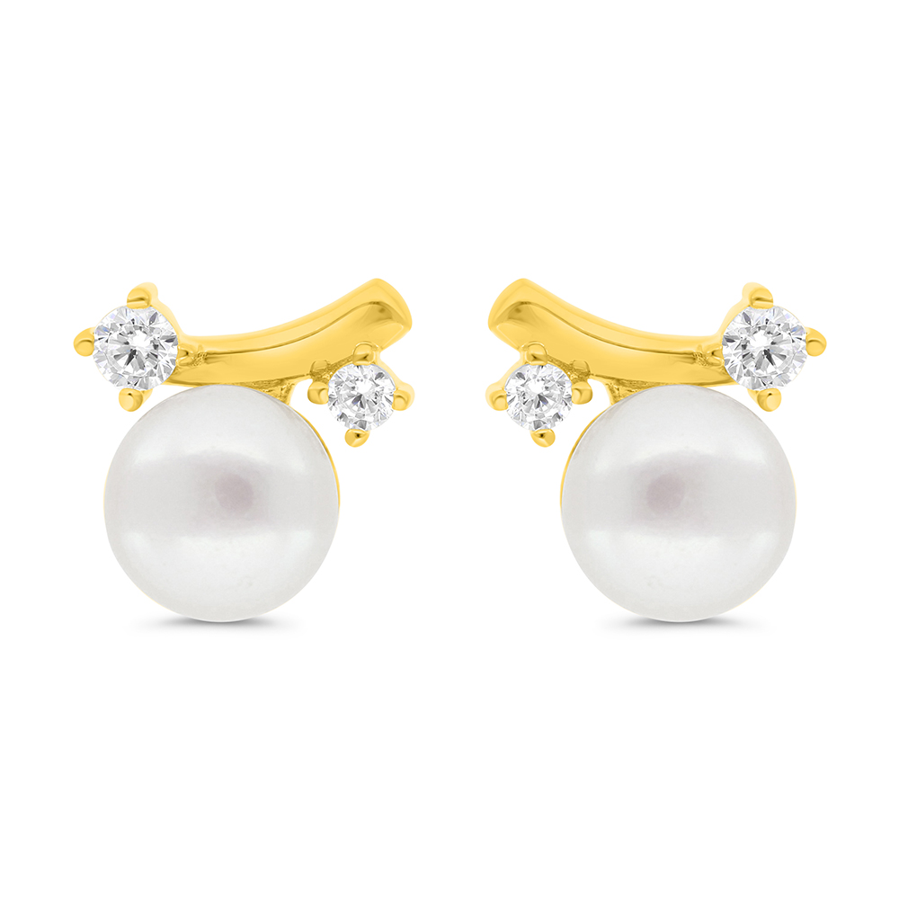 Sterling Silver 925 Earring Gold Plated Embedded With Natural White Pearl And  White Zircon