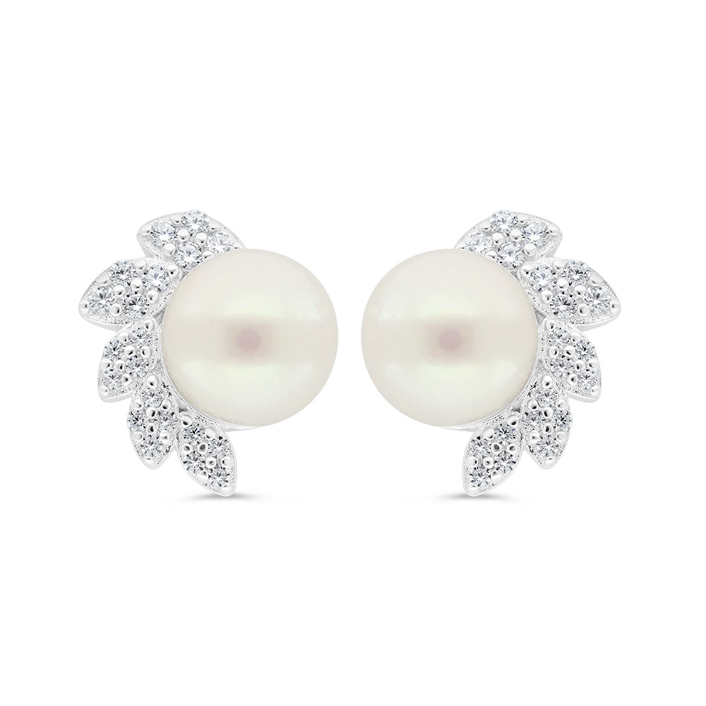 Sterling Silver 925 Earring Rhodium Plated Embedded With White Shell Pearl And White Zircon