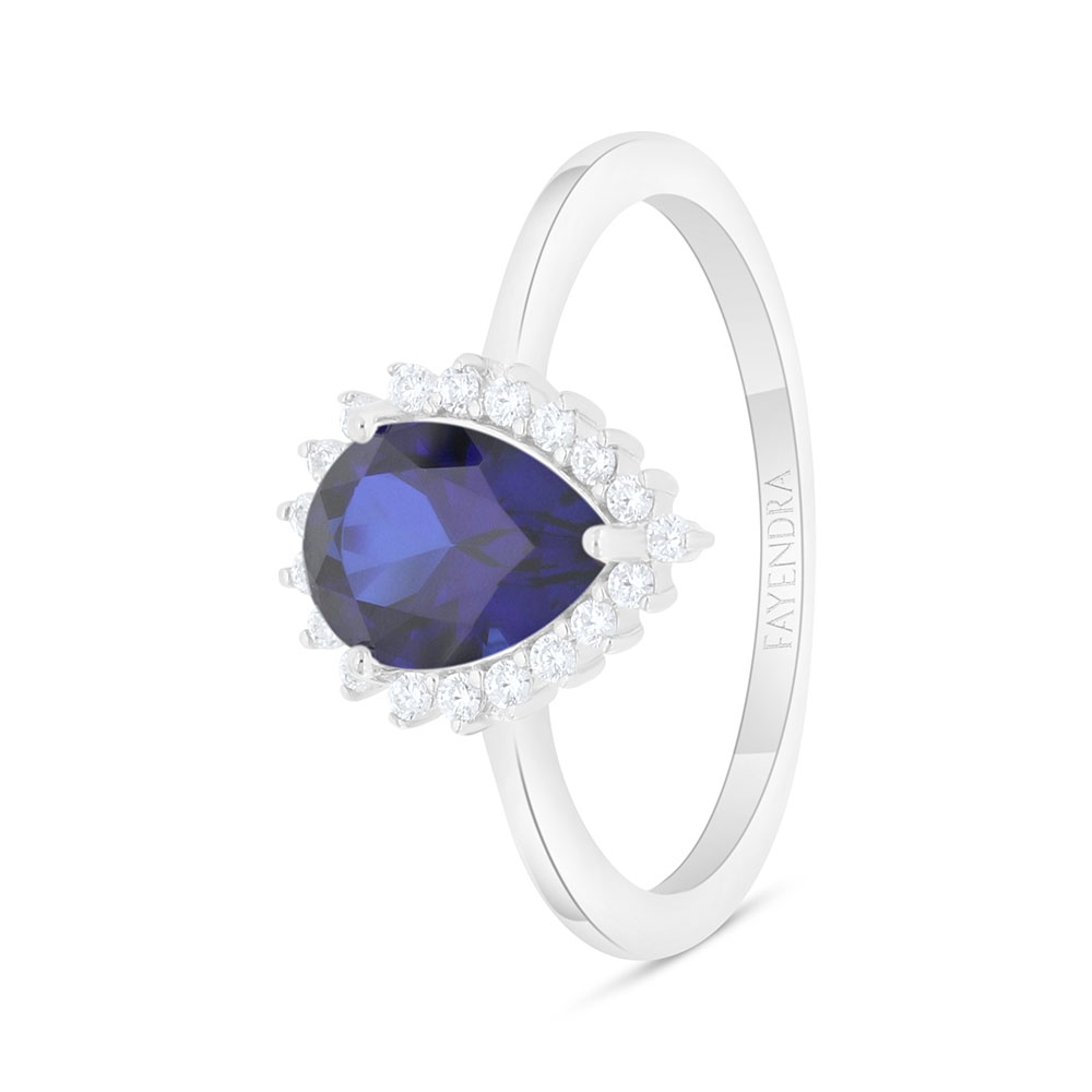 Sterling Silver 925 Ring Rhodium Plated Embedded With Sapphire Corundum And White Zircon