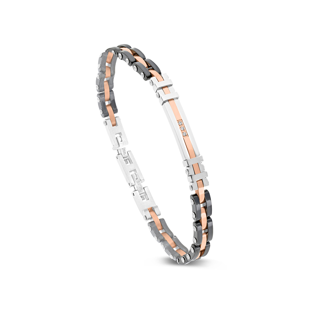 Stainless Steel Bracelet, Rhodium And Black And Rose Gold Plated And Ceramic For Men Embedded With White CZ 316L