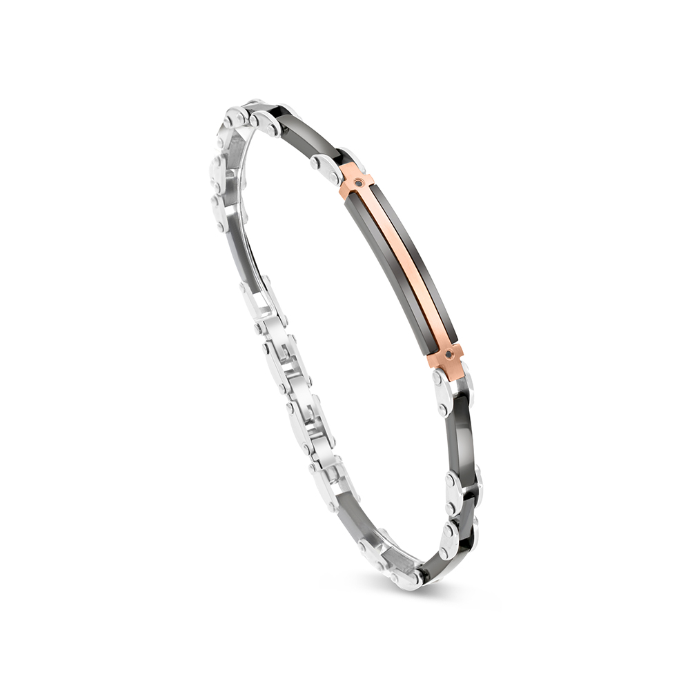 Stainless Steel Bracelet, Rhodium And Black And Rose Gold Plated And Ceramic For Men Embedded With Black CZ 316L