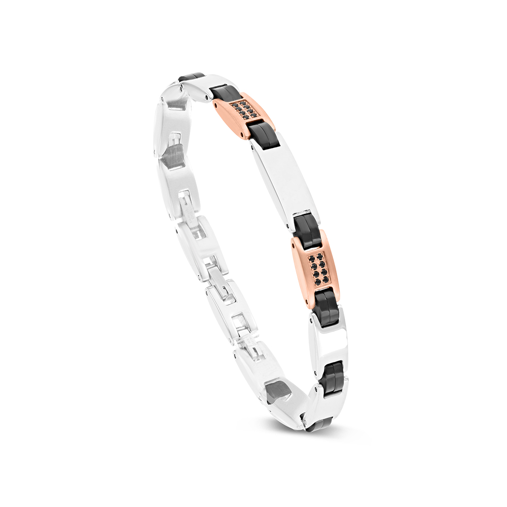 Stainless Steel Bracelet, Rhodium And Black And Rose Gold Plated For Men Embedded With Black CZ Carbon Fiber 316L