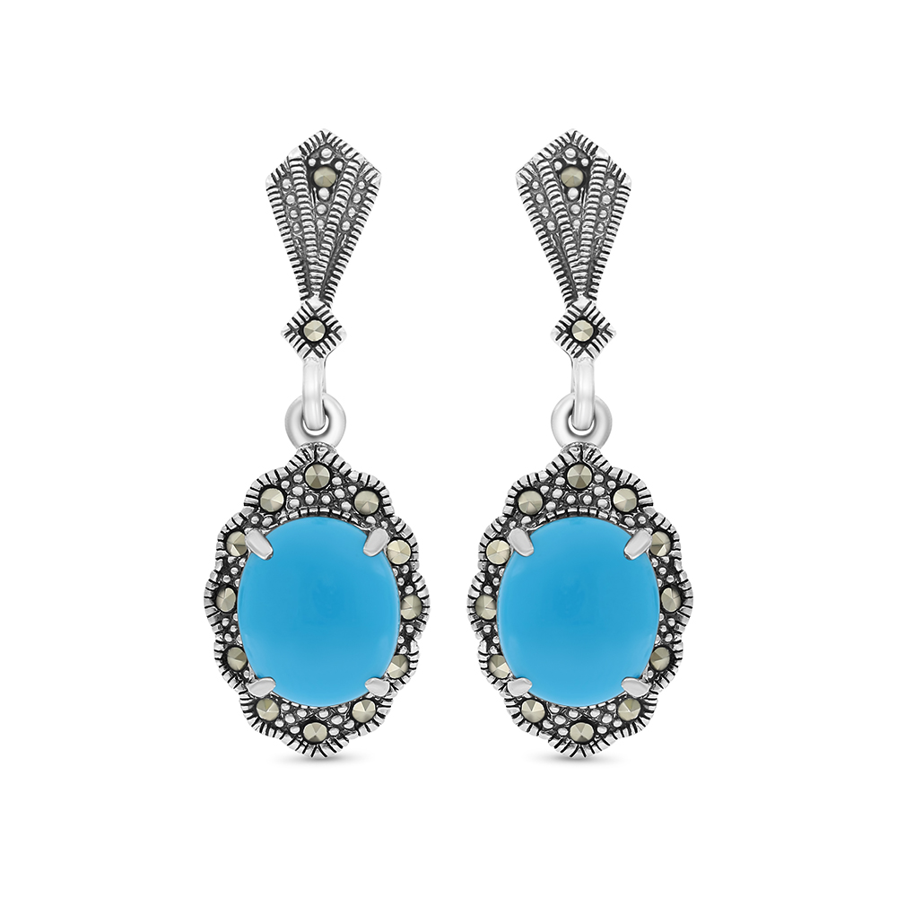 Sterling Silver 925 Earring Embedded With Natural Processed Turquoise And Marcasite Stones