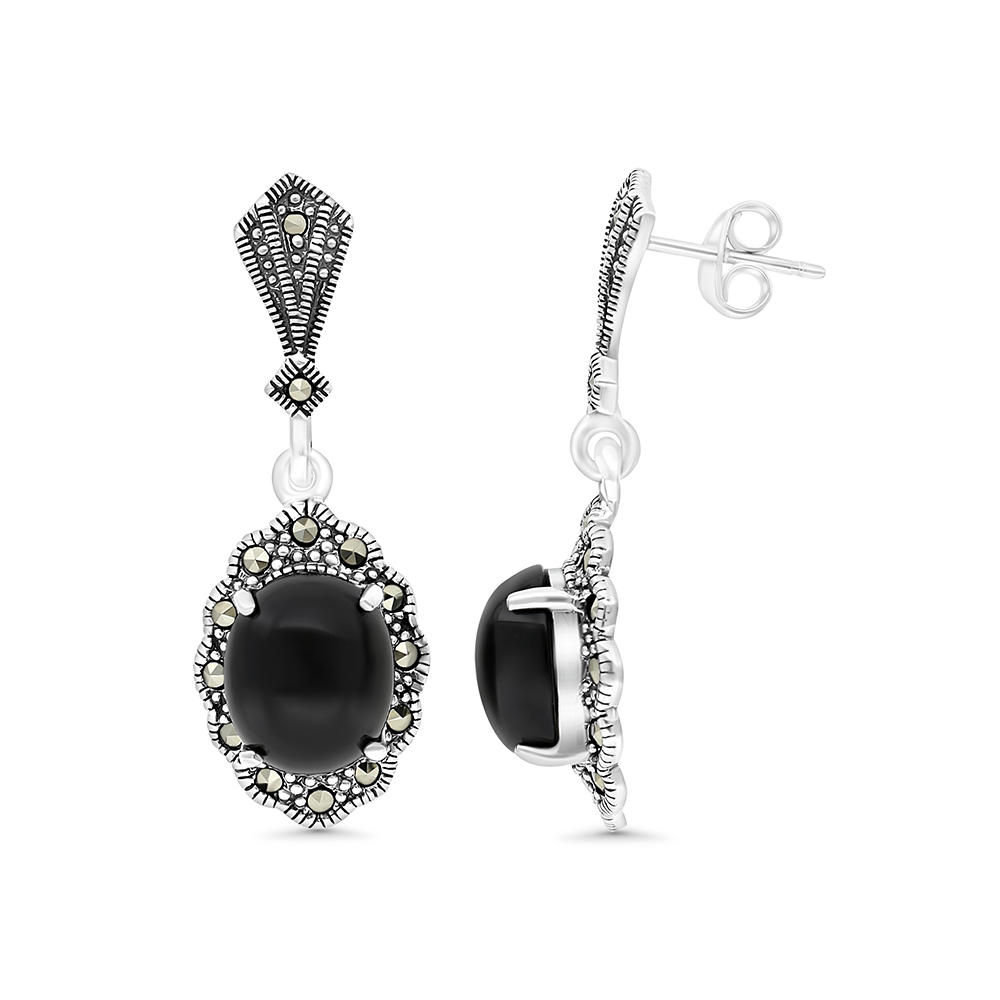 Sterling Silver 925 Earring Embedded With Natural Black Agate And Marcasite Stones
