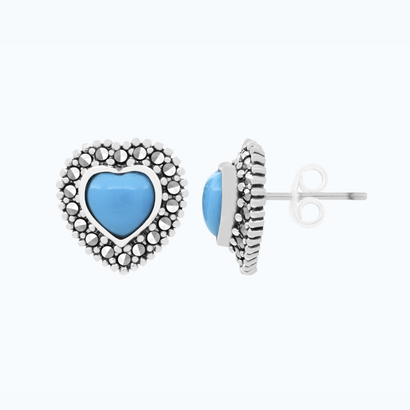 Sterling Silver 925 Earring Embedded With Natural Processed Turquoise And Marcasite Stones