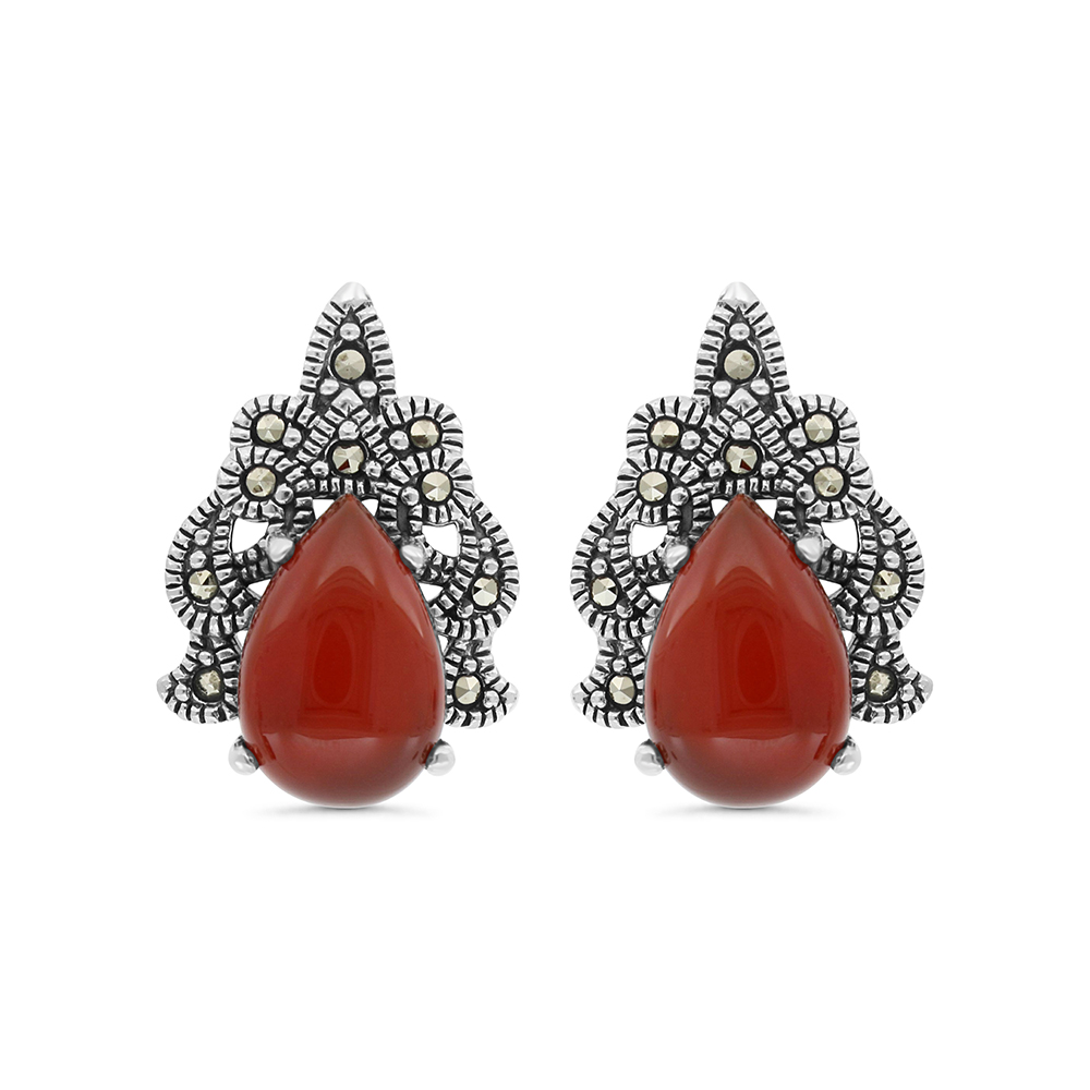Sterling Silver 925 Earring Embedded With Natural Aqiq And Marcasite Stones