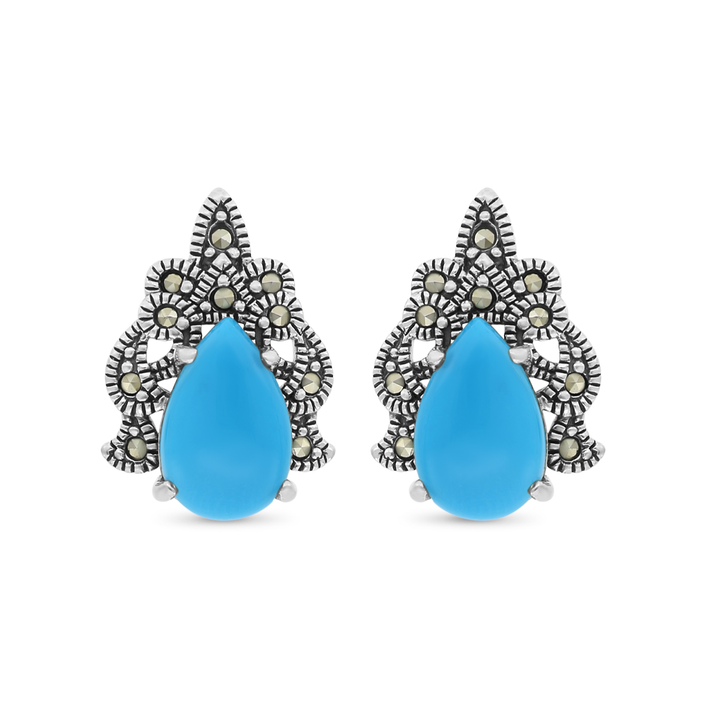 Sterling Silver 925 Earring Embedded With Natural Processed Turquoise And Marcasite Stones
