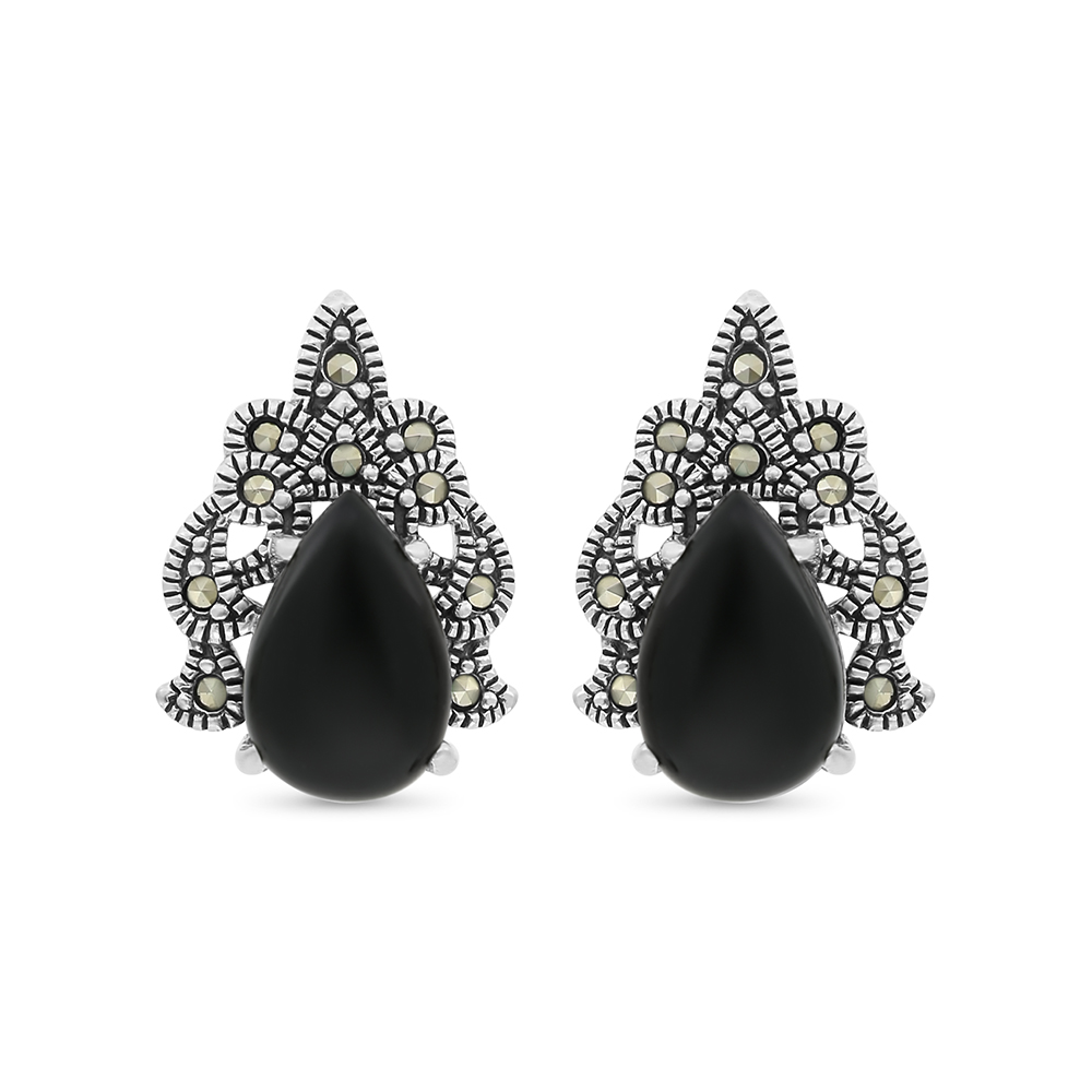 Sterling Silver 925 Earring Embedded With Natural Black Agate And Marcasite Stones