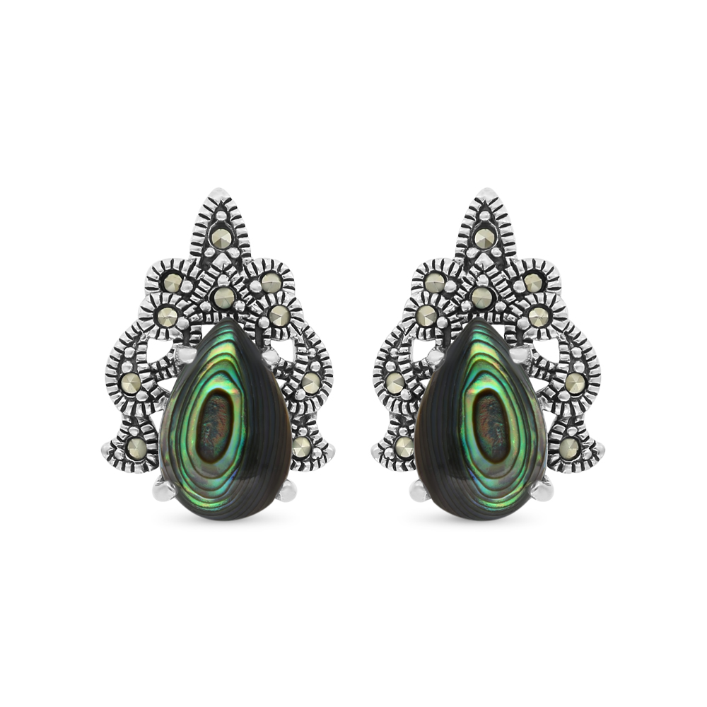 Sterling Silver 925 Earring Embedded With Natural Blue Shell And Marcasite Stones