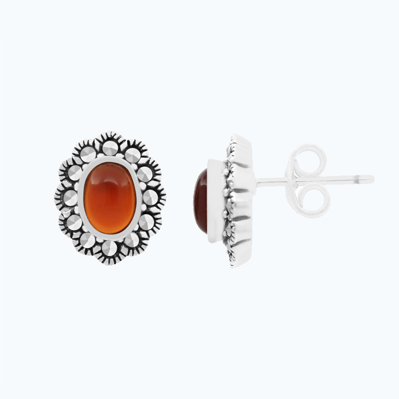 Sterling Silver 925 Earring Embedded With Natural Aqiq And Marcasite Stones