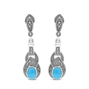 Sterling Silver 925 Earring Embedded With Natural Processed Turquoise And Marcasite Stones