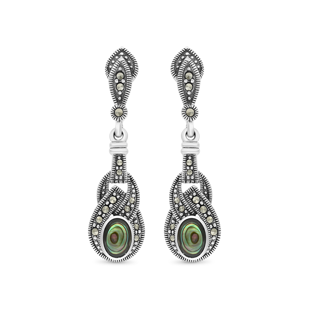 Sterling Silver 925 Earring Embedded With Natural Blue Shell And Marcasite Stones