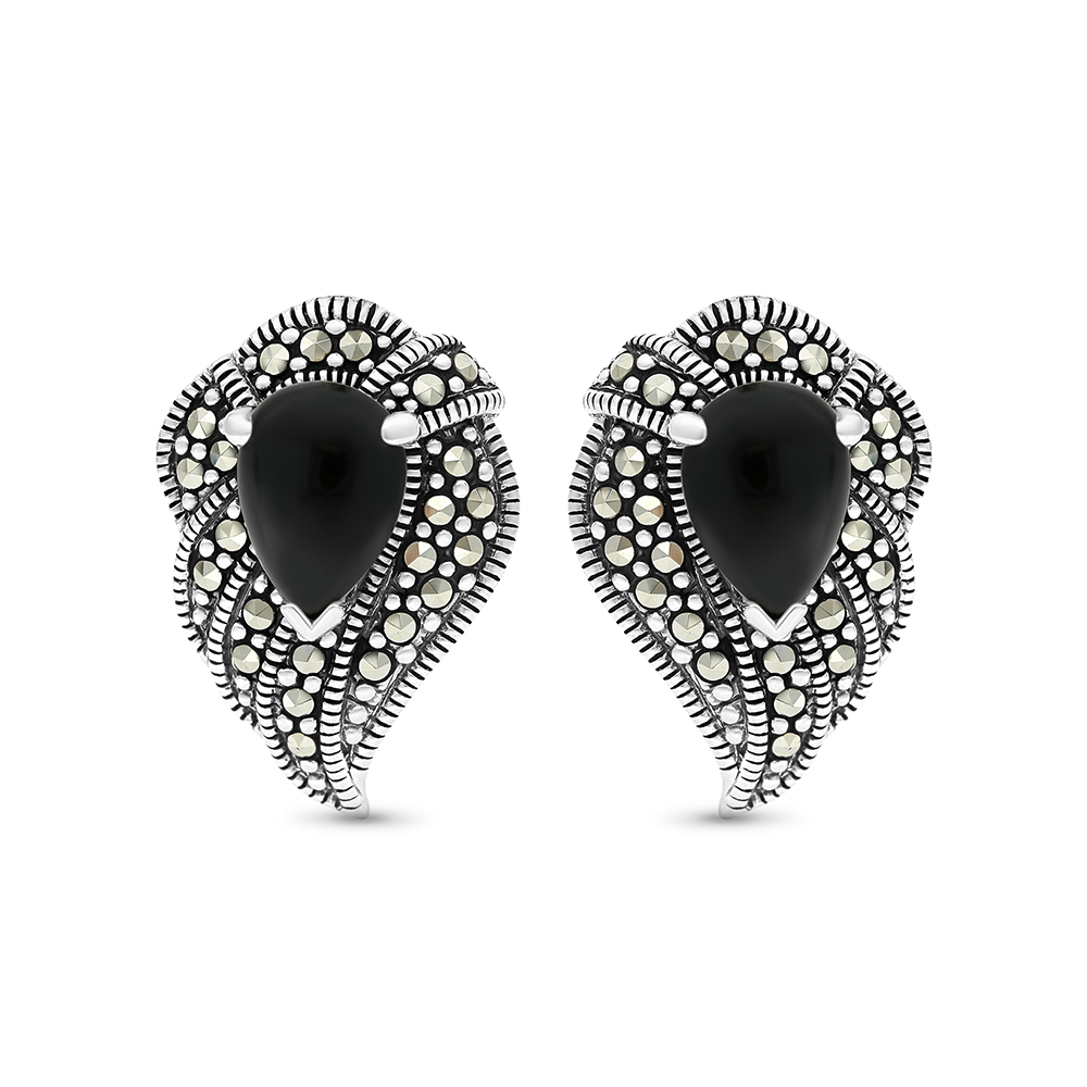Sterling Silver 925 Earring Embedded With Natural Black Agate And Marcasite Stones