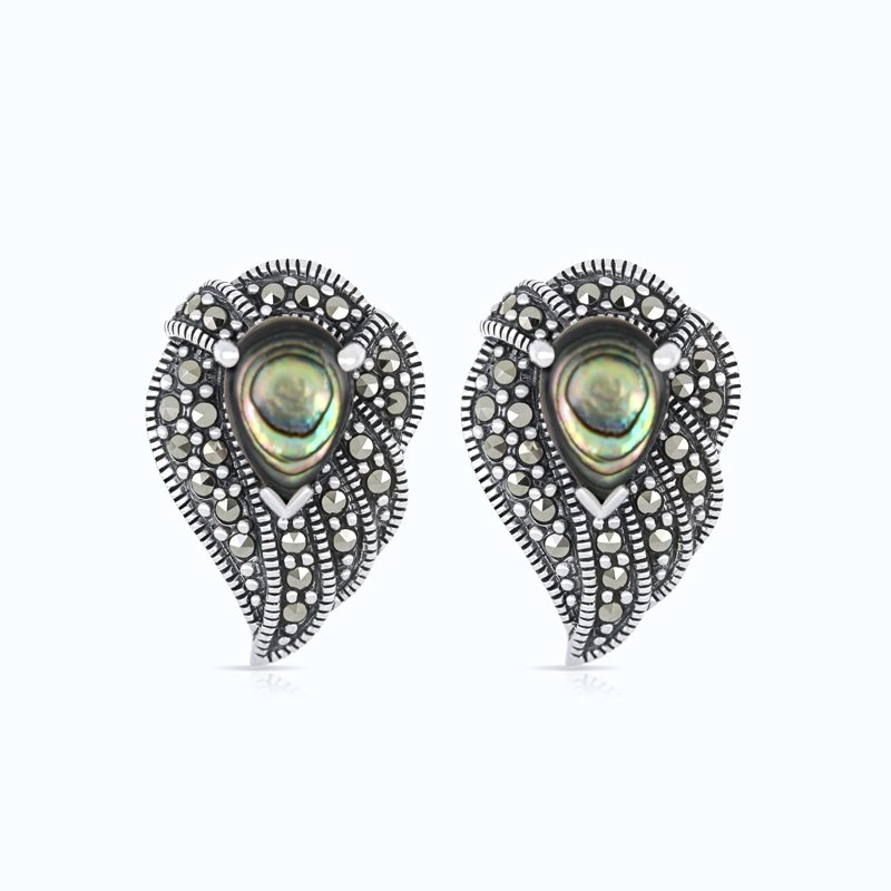 Sterling Silver 925 Earring Embedded With Natural Blue Shell And Marcasite Stones