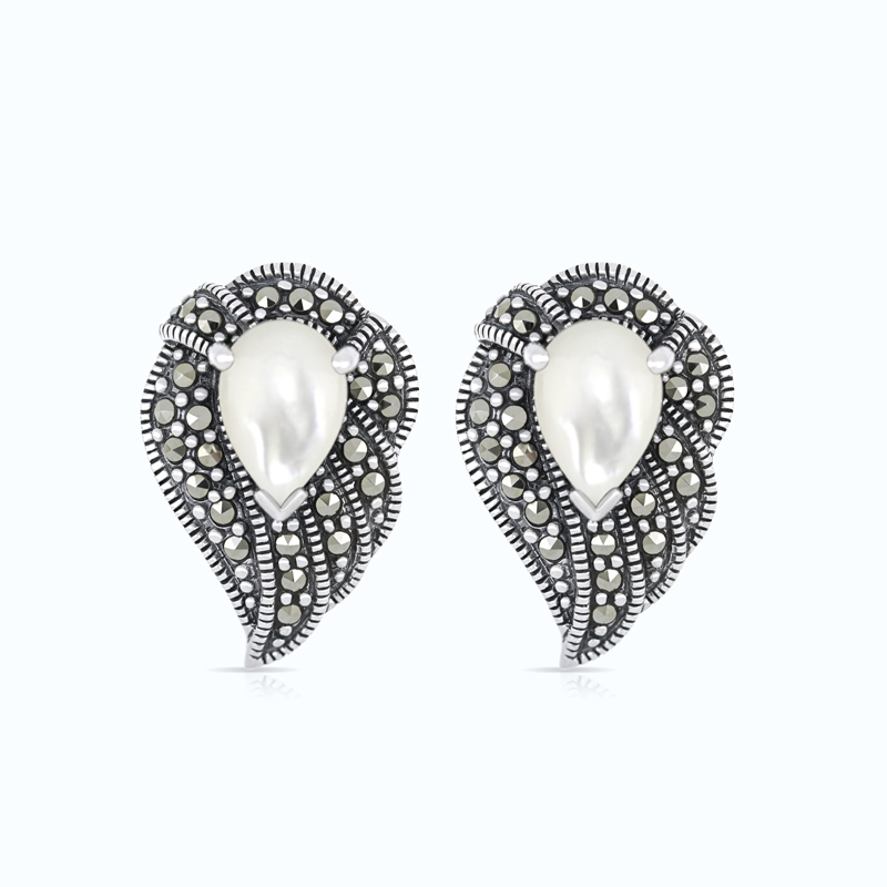 Sterling Silver 925 Earring Embedded With Natural White Shell And Marcasite Stones