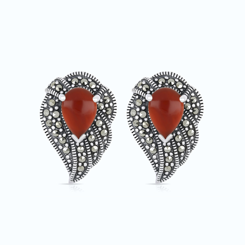 Sterling Silver 925 Earring Embedded With Natural Aqiq And Marcasite Stones