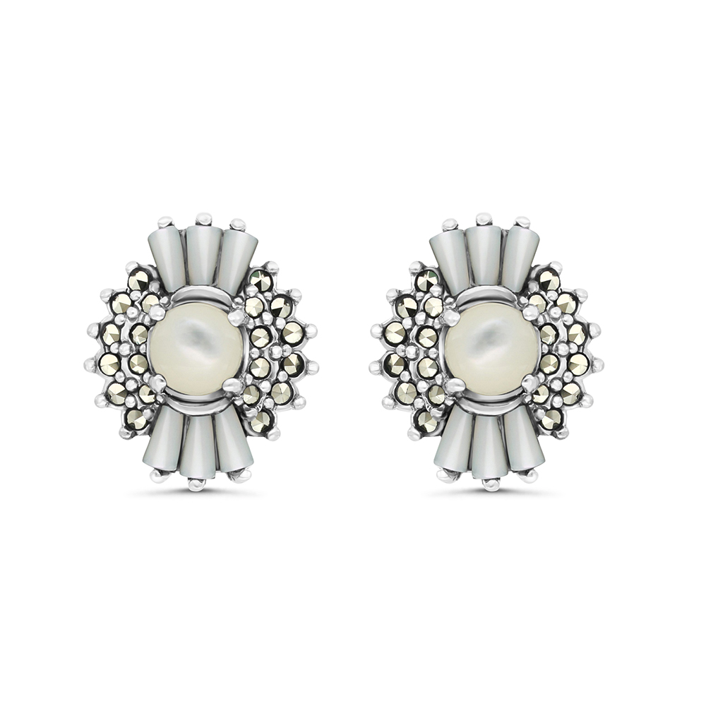 Sterling Silver 925 Earring Embedded With Natural White Shell And Marcasite Stones