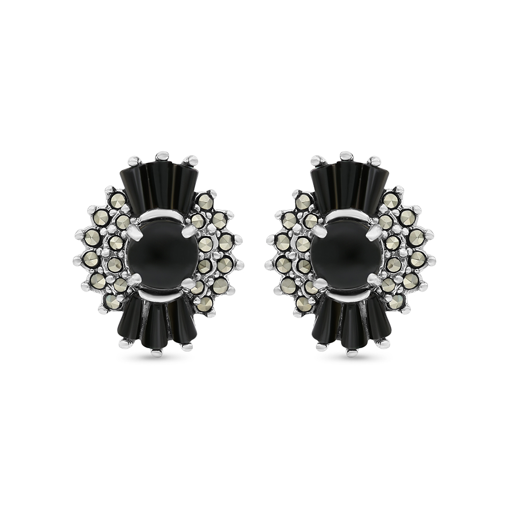 Sterling Silver 925 Earring Embedded With Natural Black Agate And Marcasite Stones