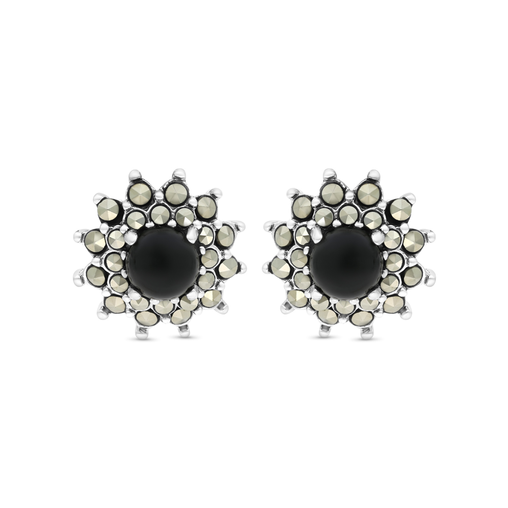 Sterling Silver 925 Earring Embedded With Natural Black Agate And Marcasite Stones