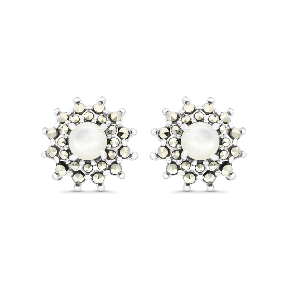 Sterling Silver 925 Earring Embedded With Natural White Shell And Marcasite Stones