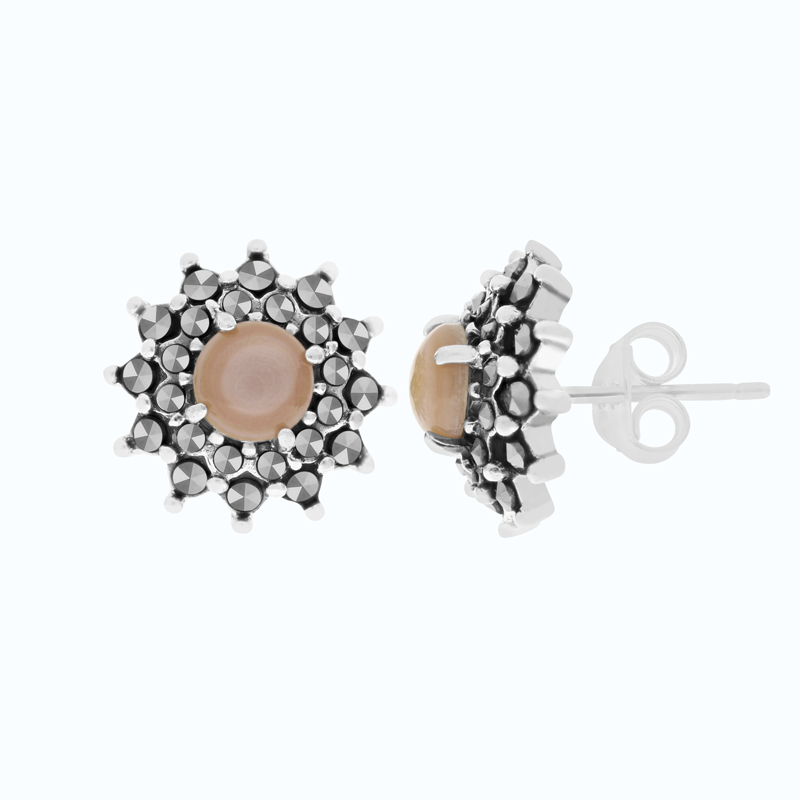 Sterling Silver 925 Earring Embedded With Natural Pink Shell And Marcasite Stones