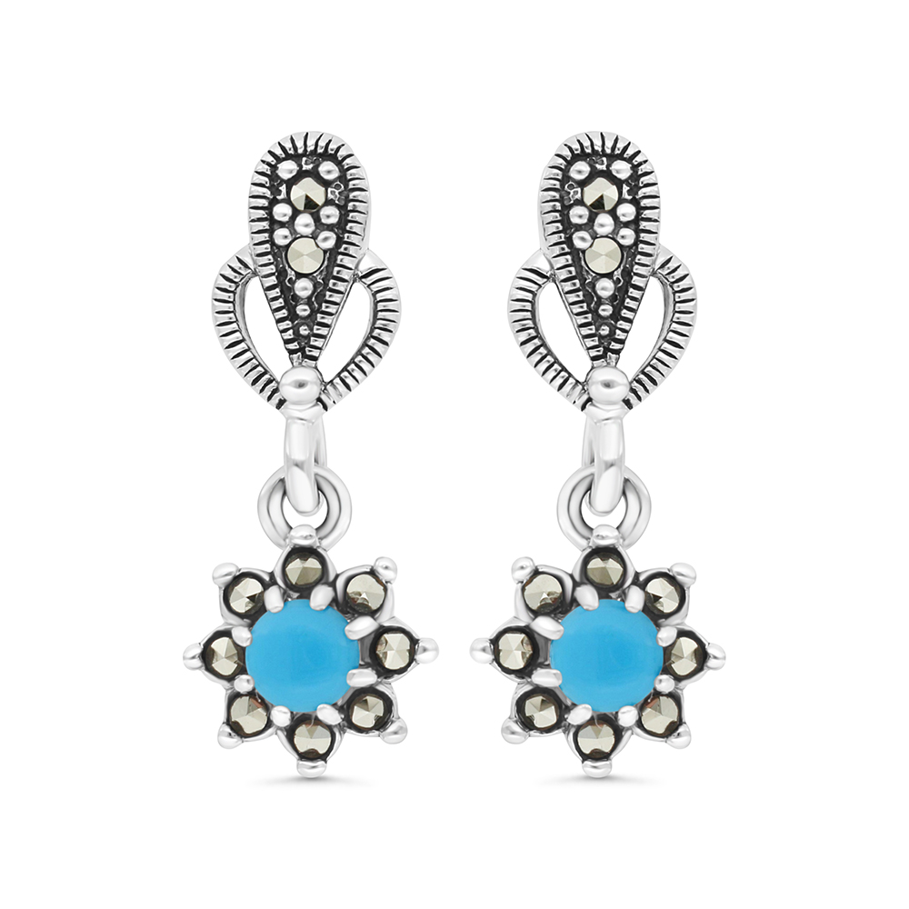 Sterling Silver 925 Earring Embedded With Natural Processed Turquoise And Marcasite Stones