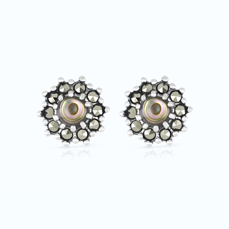 Sterling Silver 925 Earring Embedded With Natural Blue Shell And Marcasite Stones