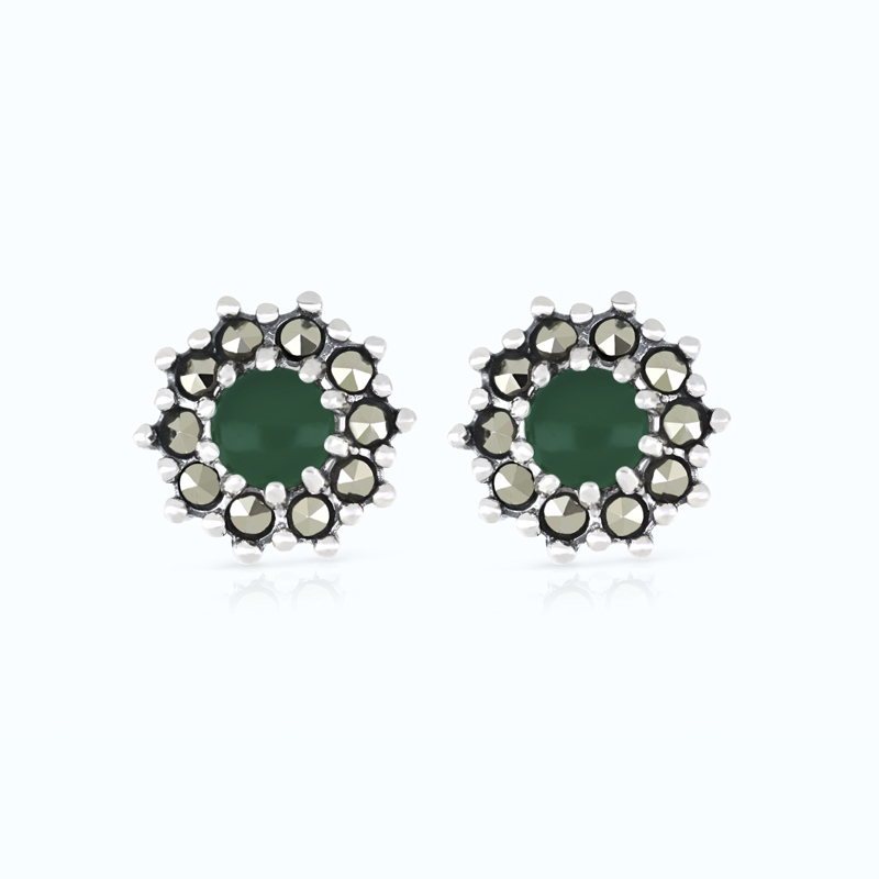 Sterling Silver 925 Earring Embedded With Natural Green Agate And Marcasite Stones