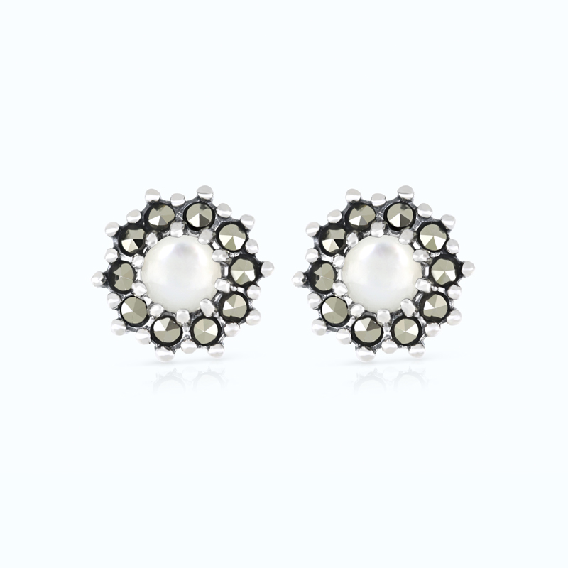 Sterling Silver 925 Earring Embedded With Natural White Shell And Marcasite Stones