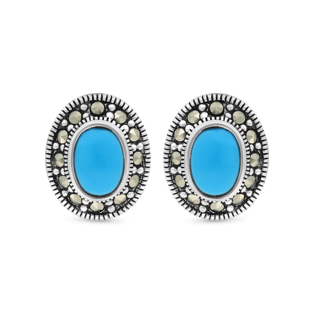 Sterling Silver 925 Earring Embedded With Natural Processed Turquoise And Marcasite Stones