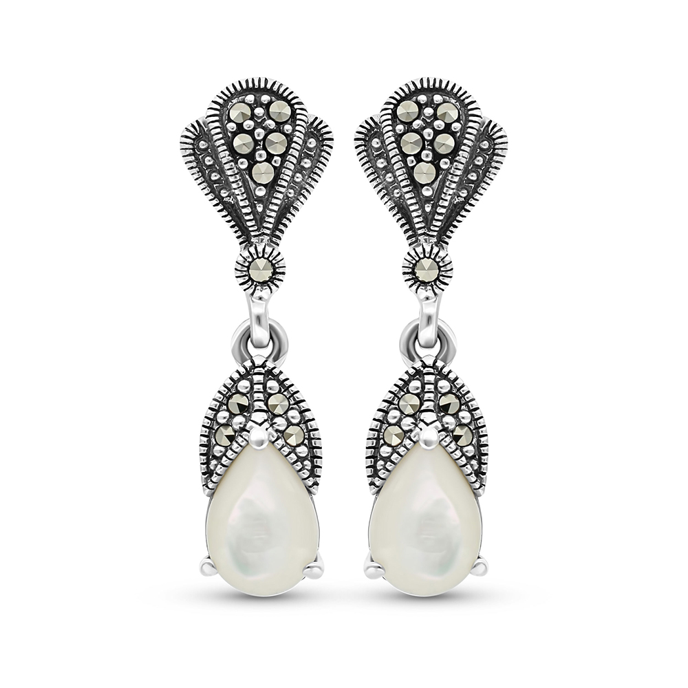 Sterling Silver 925 Earring Embedded With Natural White Shell And Marcasite Stones